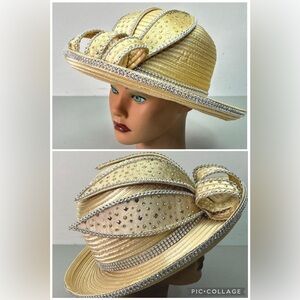 GMI Gold Rhinestone Embellished Sunday Brim Church Convention Hat